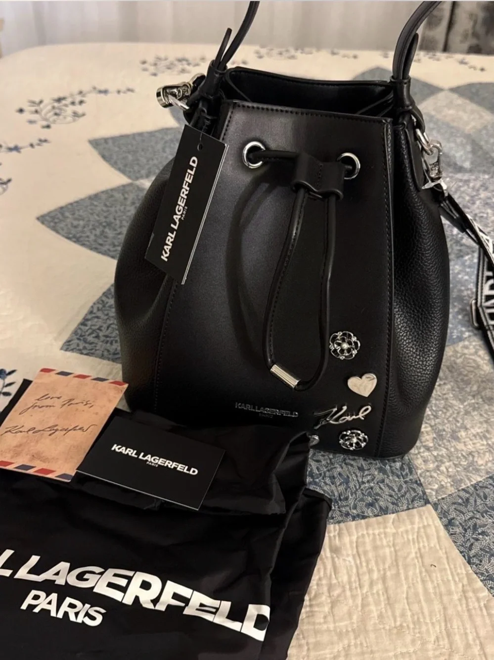 Karl Lagerfeld Black Leather Drawstring Hobo with Logo Strap
